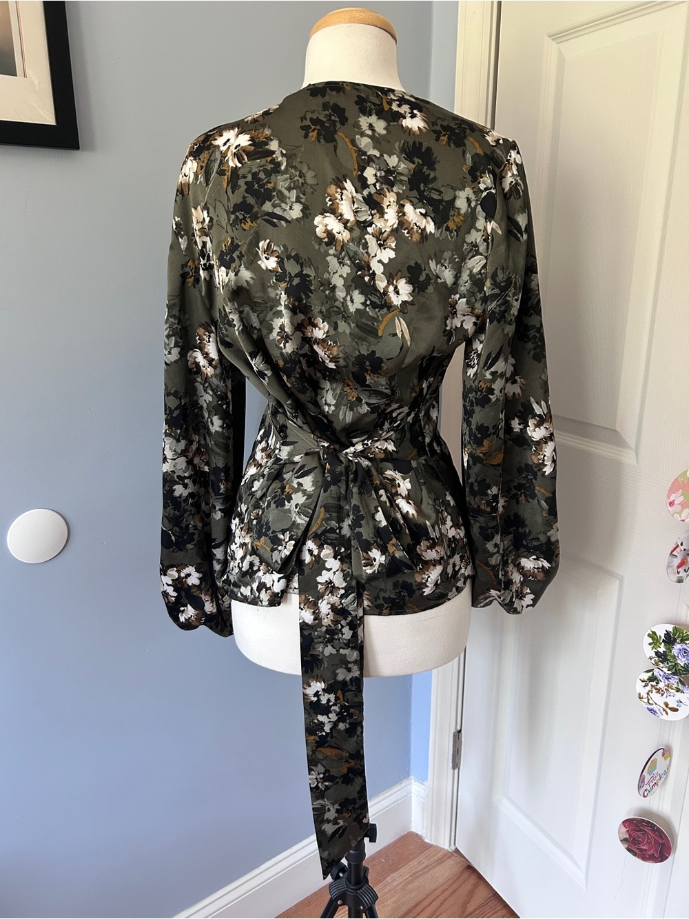 INC International Concepts Olive Floral Faux-Wrap Blouse with Balloon Sleeves - Picture 2 of 6